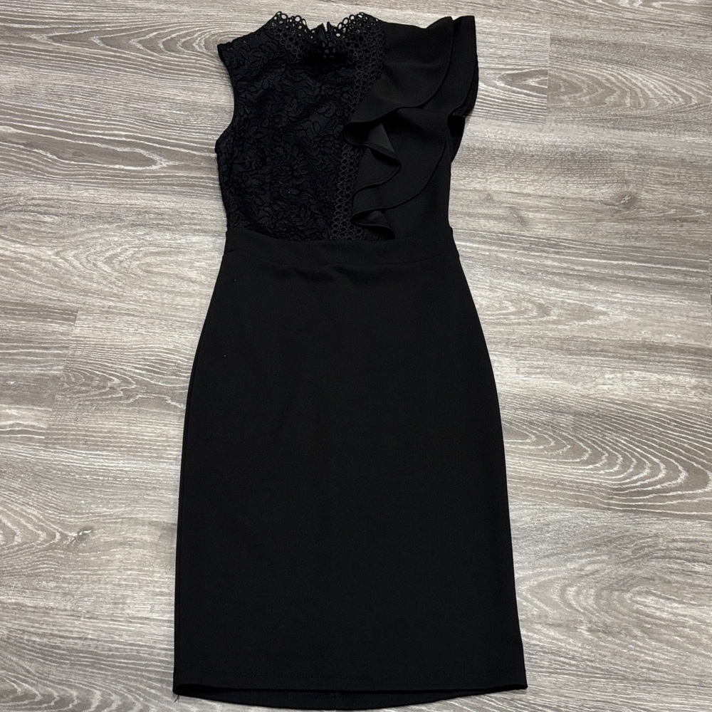 Elegant Black One Shoulder Dress with Lace and Ruffles